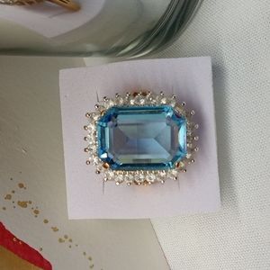 14 KT GOLD PLATED LAB CREATED AQUAMARINE COSTUME COCKTAIL IN  GENUINE CZ HALO